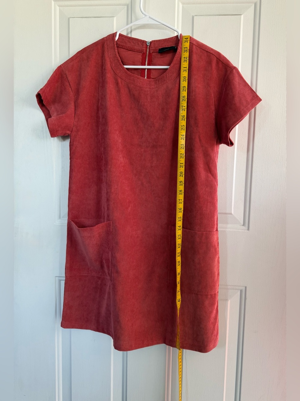 VICI Coral SIZE SMALL, Corduroy Shift Dress Short Sleeve Pocket Mini Dress - Picture 8 of 12